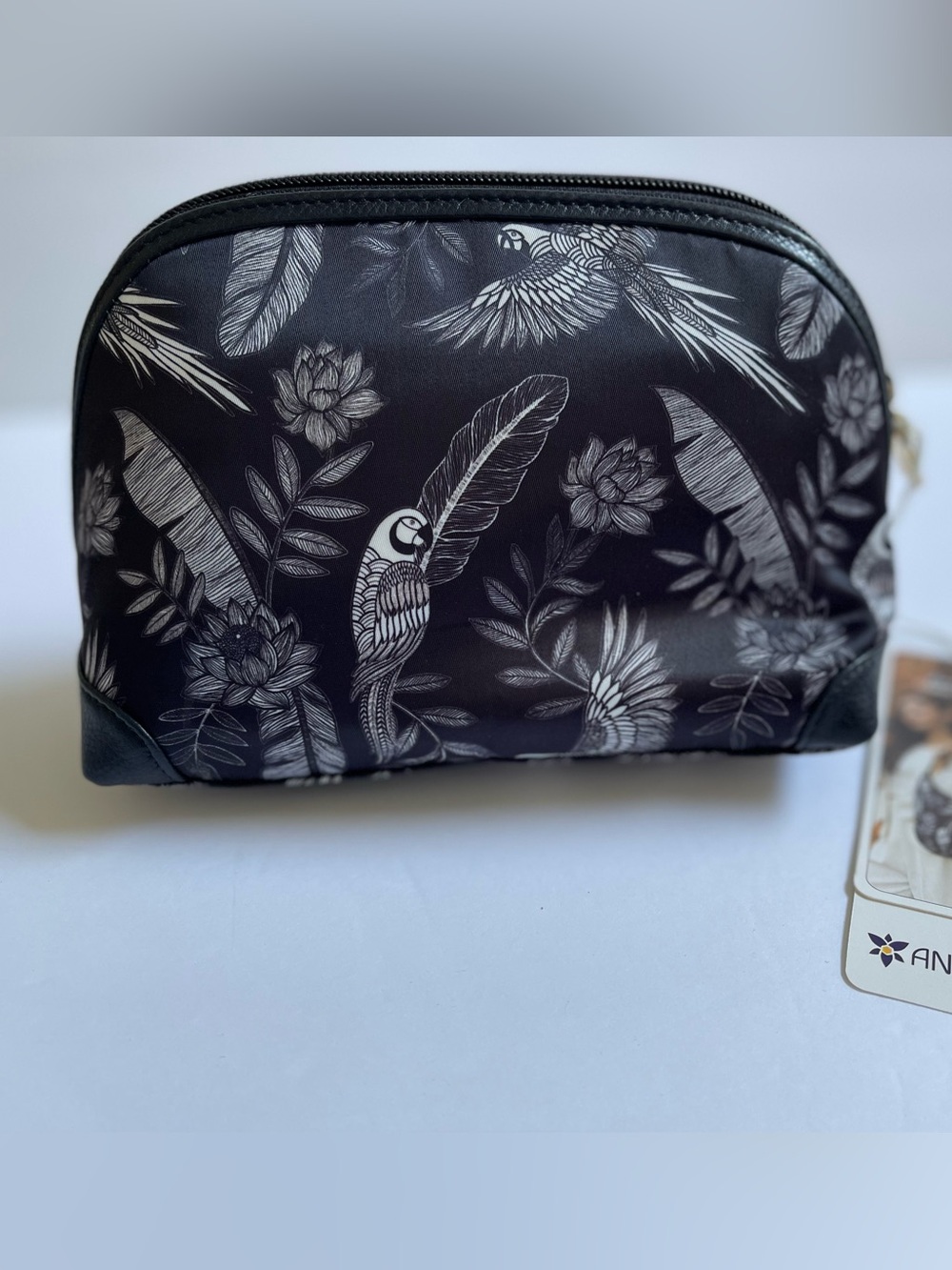 Anuschka Black & White Parrot Wanderlust Fabric Leather Trim Cosmetic Bag